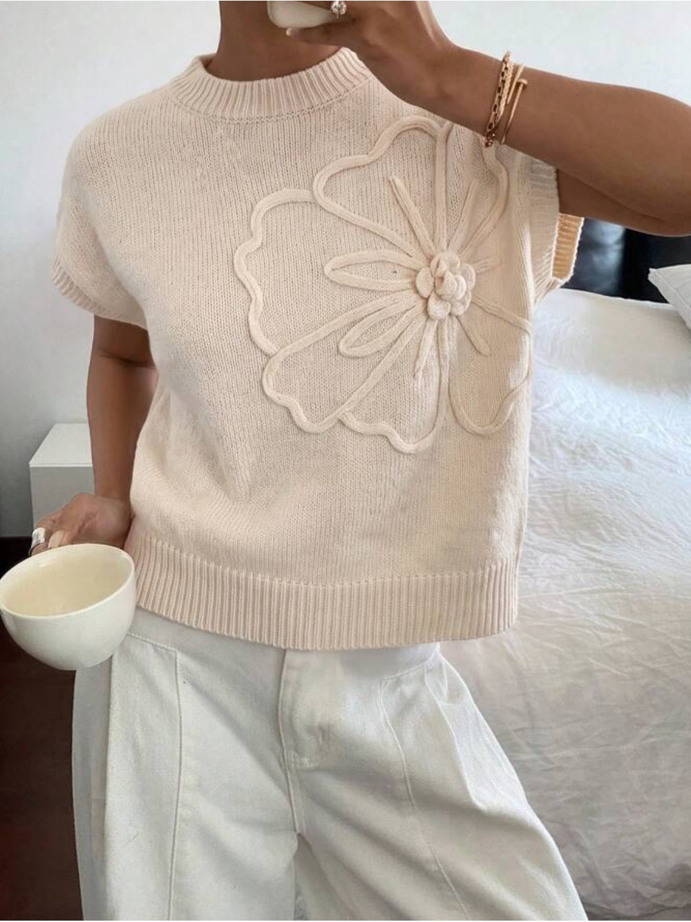 Women's Cream Short-Sleeve Knit Top with Floral Applique